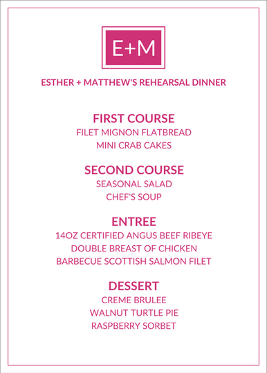 Pink Square Initials Menu Cards